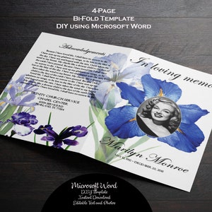 May include: A 4-page bi-fold template for a funeral program or memorial service. The template features a floral design with blue and purple irises. The front page has a photo of Marilyn Monroe and the text "In loving memory". The back page has the text "Microsoft Word DIY Template Instant Download Editable Text and Photos".