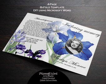 Printable Memorial Program | Printable Funeral Program Template | Memorial Program | Remembrance | Editable | Blue Purple Iris Flowers