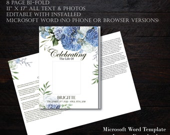 Funeral Program Template 8 pages | BiFold Funeral Program | Memorial Program Template | Blue Hydrangeas