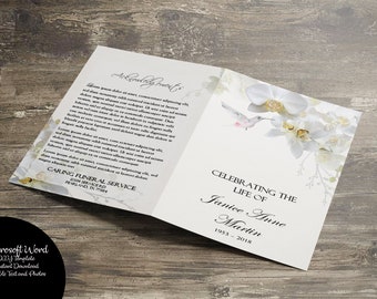 Printable Memorial Program | Printable Funeral Program Template | Memorial Program | Remembrance | Editable Word | White Orchid Hummingbird