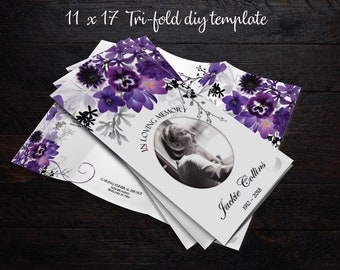 17 x 11 Printable Tri-Fold Memorial Program | Printable Funeral Program Template | Memorial | Remembrance | Editable | Violet Gray Floral