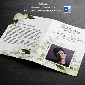 May include: A white and green floral funeral programme with a black and white photograph of Audrey Hepburn. The programme includes the text "Celebrating the Life of Audrey Hepburn" and the dates "July 5, 1953 - April 10, 2019".