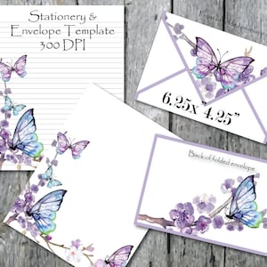 Carta digitale con farfalla viola, carta da lettere con fiori di ciliegio, carta da lettere stampabile, modello di busta, nota, invito