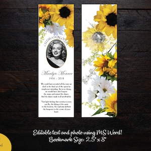 Sunflower Funeral Bookmark Template: Memorial Keepsake (Microsoft Word)