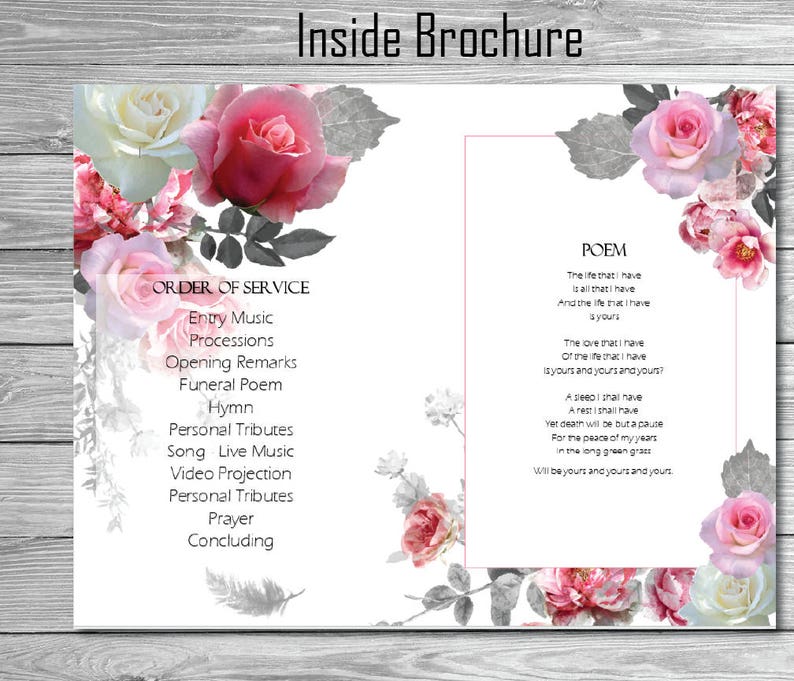 Funeral Program Template Printable Pink Grey Roses Etsy