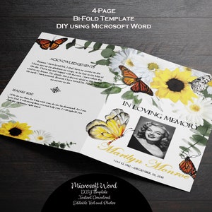 Könnte beinhalten: Eine vierseitige Klappvorlage für einen Trauergottesdienst. Die Vorlage zeigt ein Blumenmuster mit Sonnenblumen, Gänseblümchen und Schmetterlingen. Der Text "In liebevoller Erinnerung" ist in goldenen Lettern gedruckt. Die Vorlage ist in Microsoft Word bearbeitbar und enthält einen Platzhalter für ein Foto. Der Text "Marilyn Monroe" ist in goldenen Lettern mit den Daten "1. Mai 1926 - 5. Dezember 1962" gedruckt.