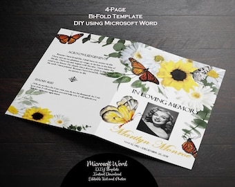 Sonnenblumen Sonnenblumen Schmetterling | Druckbare Beerdigung Programm Vorlage | Erinnerungs-Programm | Microsoft Word