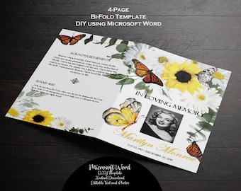 Yellow Sunflowers Daisies Monarch Butterfly  | Printable Funeral Program Template | Memorial Program | Microsoft Word