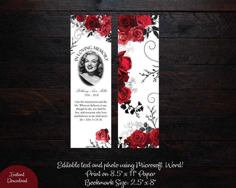 diy red roses black funeral bookmark template memorial etsy