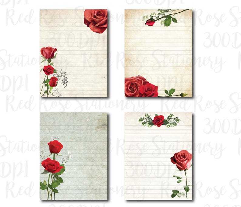 Red Roses Digital Paper Stationery Paper Printable Stationary Etsy