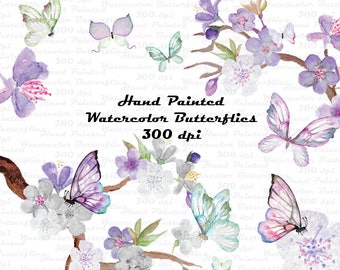 Aquarelle numérique Papillon et fleurs Clip Art Purple Cherry Blossom Digital Purple Flowers and Butterfly