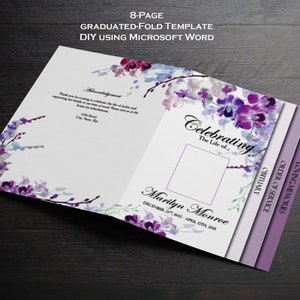 May include: An 8-page funeral program template with a purple floral design. The template includes sections for an obituary, order of service, and loving memories. The text "Celebrating The Life of Marilyn Monroe December 1935 - April 15th, 2018" is printed on the front page.