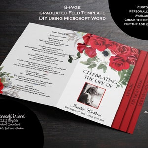 Funeral Program Template 8 pages 8.5” x 11” | Graduated Fold Funeral Program | Memorial Program Template | Red Roses