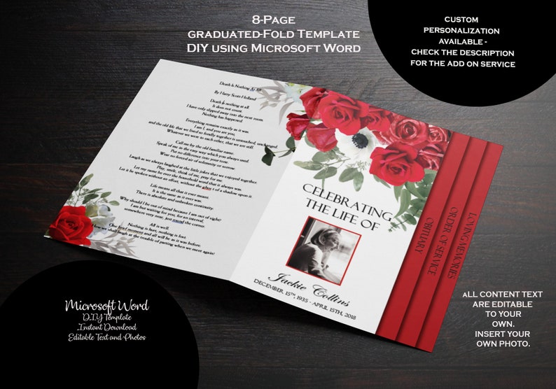 Funeral Program Template 8 pages 8.5” x 11” | Graduated Fold Funeral Program | Memorial Program Template | Red Roses