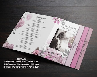 8.5" x 14" Funeral Program Template | Legal Size Graduated Fold Funeral Program | Memorial | Pink Lavender & Grey Hydrangeas