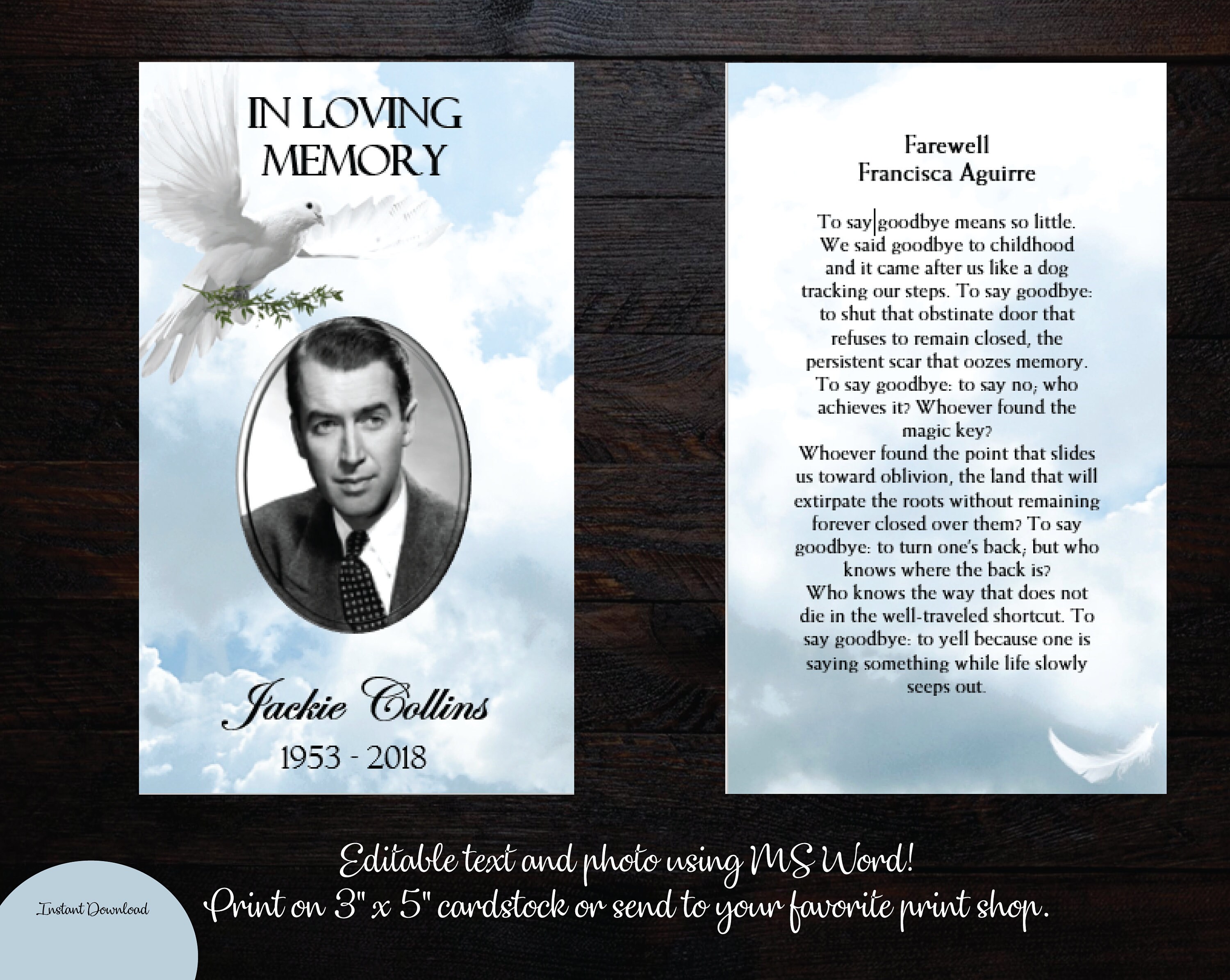 DIY Printable Funeral Prayer Card 3 X 5 Memorial Prayer Etsy
