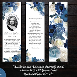 Modèle de marque-page funéraire de fleurs bleues bricolage, marque-page commémoratif, souvenir commémoratif, modèle de marque-page imprimable, Microsoft Word