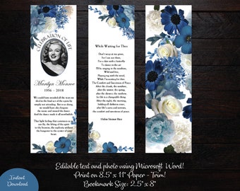 May include: A printable bookmark featuring a floral design with blue and white flowers. The bookmark includes a photo of Marilyn Monroe and a poem titled "Celebration of Life" with the text "Marilyn Monroe 1956-2018". The bookmark also includes a poem titled "While Waiting for Thee" by Helen Steiner Rice. The bookmark is 2.5 inches by 8 inches and is designed to be printed on 8.5 inch by 11 inch paper.