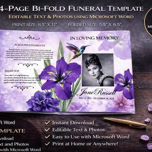Printable Memorial Program |  Wake Template | Remembrance | Editable | Funeral |  Purple Iris Hummingbird