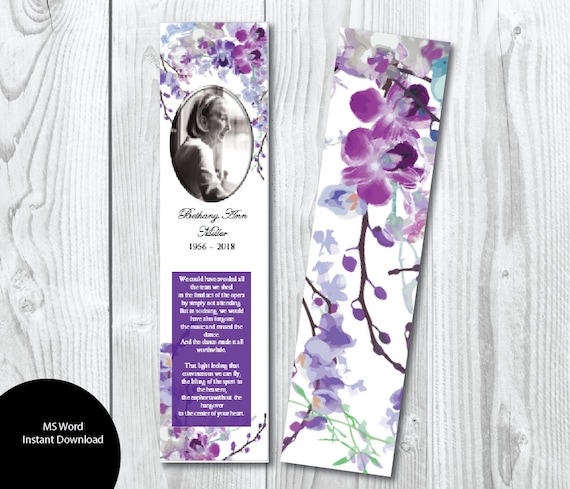 violet orchid floral flowers funeral bookmark template etsy funeral bookmark