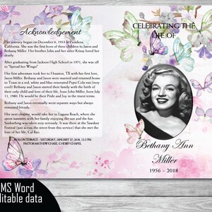 Puede incluir: Una tarjeta conmemorativa rosa y blanca con una foto en blanco y negro de una mujer. La tarjeta presenta mariposas y flores. El texto dice "Celebrando la vida de Bethany Ann Miller 1956-2018".