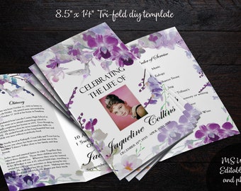 DIY Printable 8.5x14 Tri-Fold Funeral Program | Memorial Program | Editable Text | Purple Orchids Hummingbird