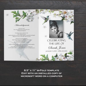 May include: A white bifold template for a funeral program with a photo of a woman in a black and white photo. The template is decorated with white flowers and hummingbirds. The text "Celebrating the Life of Sarah Jones" is printed on the front of the template. The dates "January 5, 1935 - April 20, 2022" are printed below the name. The text "8.5" x 11" Bi-Fold Template Edit with an installed copy of Microsoft Word on a computer" is printed at the bottom of the template.