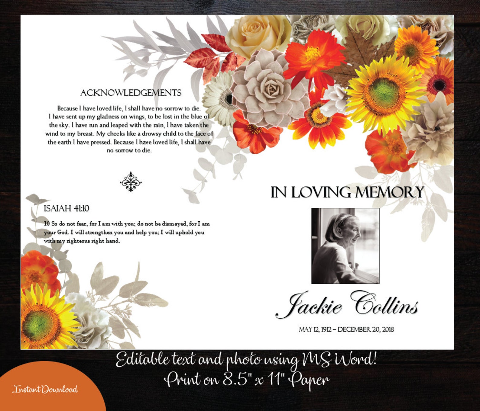 Funeral Program Template Fall Flowers Burnt Orange Tan Etsy