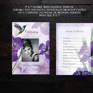 Paarse Iris Hummingbird begrafeniskaart 5 "x 7" dubbelzijdig | Viering van het leven | Herdenkingsuitnodiging | Rouw uitnodigingskaarten
