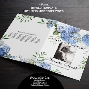 Blue Hydrangea Funeral Program Template: Celebration of Life (MS Word)
