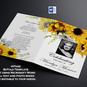 Può includere: Un modello di programma funebre o servizio commemorativo a 4 pagine, piegato a metà. Il modello presenta una foto in bianco e nero di Marilyn Monroe e un motivo floreale con girasoli e fiori bianchi. Il testo recita "Celebrazione della vita di Marilyn Monroe, 5 gennaio 1933 - 5 agosto 2019".