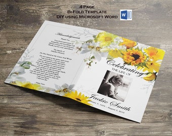 Printable Memorial Program | Printable Funeral Program Template | Memorial Program | Remembrance | Editable | Yellow Flowers Bouquet