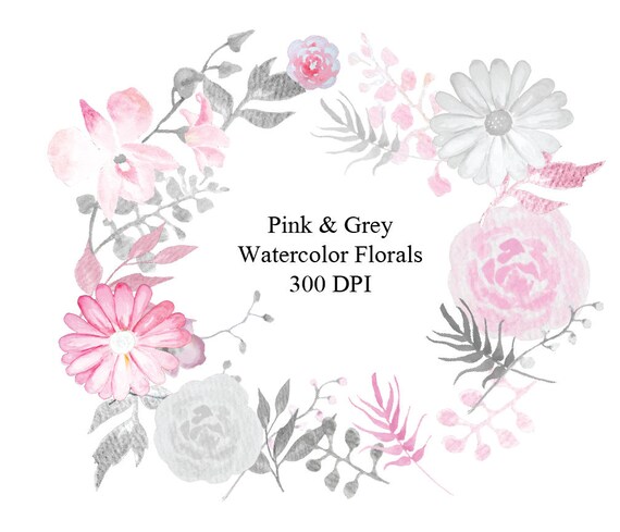 Download Hand Painted Watercolor Baby Pink Grey Floral Clip Art High Etsy