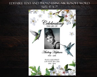 White Cherry Blossoms Hummingbirds Funeral Announcement | Celebration of life | Memorial Invitation | Mourning Invitation  Editable Template