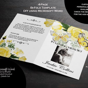 Op de afbeelding: Een vier pagina's tellende, dubbelgevouwen sjabloon voor een begrafenisprogramma of herdenkingsdienst. De sjabloon heeft een aquarelontwerp met gele rozen en vlinders. De tekst "In liefdevolle herinnering" staat bovenaan de pagina, en de tekst "Jackie Collins" staat eronder. De tekst "12 mei 1962 - 20 december 2018" staat onder de naam. De tekst "Alle tekstinhoud is bewerkbaar. Voeg uw eigen foto in." staat in de rechterbenedenhoek.
