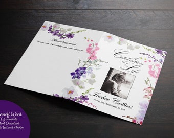 Orchids Printable Memorial Program | Funeral Program Template | Remembrance | Editable | Purple Lavender Pink Orchids