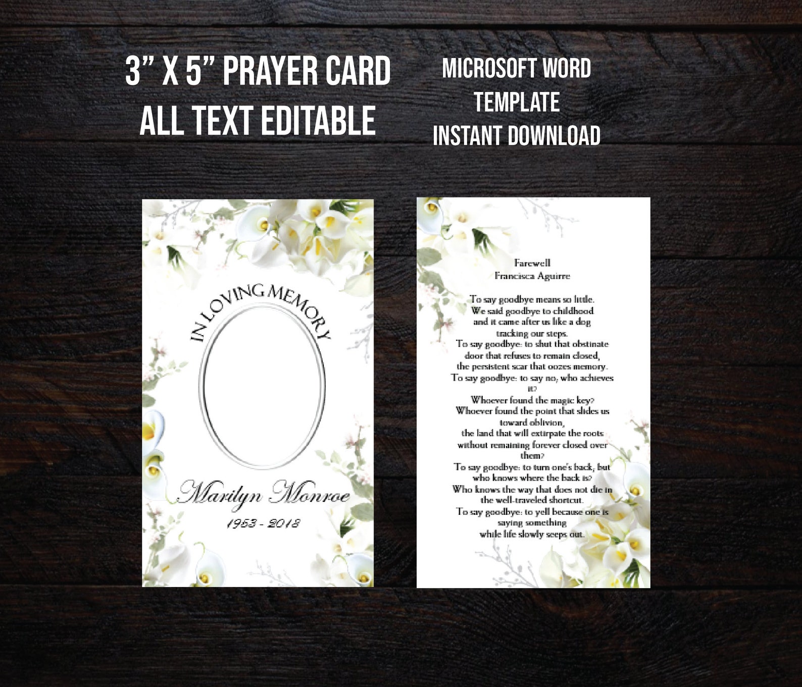 Printable Funeral Prayer Card 3x5 Memorial Prayer Card Etsy