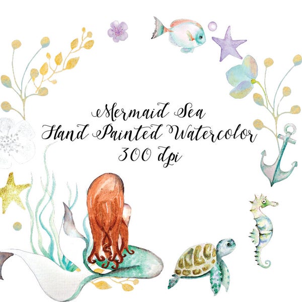 Hand Painted Watercolor Mint Mermaid Watercolor Digital Art Ocean Star Fish  Floral Shell Turtle Sea Horse Anchor Sea wreath Plants Bubble