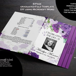 Plantilla de programa funerario de 8 páginas / Folleto graduado de 8 páginas plegable / Tarjeta conmemorativa / Rosas de color púrpura y lavanda