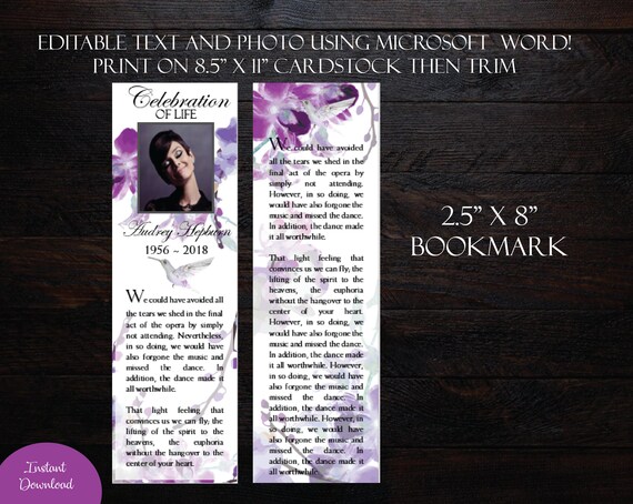 Microsoft Word Funeral Bookmark Template Memorial Keepsake Memorial Bookmark Hummingbird Iris 