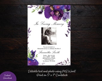 Violet Purple Florals Photo Funeral Announcement | Celebration of life | Memorial Invitation | Mourning Invitation Cards