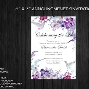 Purple Orchids Hummingbird Funeral Announcement | Celebration of life | Memorial Invitation | Mourning Invitation Cards |  Editable Template