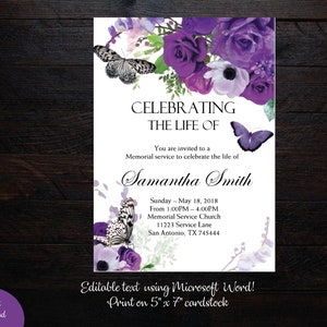 Faire-part de funérailles de papillon de roses pourpres | Célébration de la vie | Invitation commémorative | Cartes d'invitation au deuil