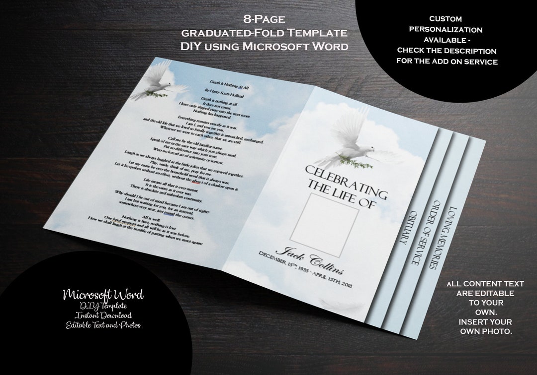 Clouds & Doves Funeral Program Template: 8-page Graduated Fold ...