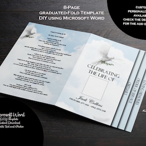 Puede incluir: Una plantilla de programa de funeral de 8 páginas con un fondo de cielo azul y blanco y palomas blancas. La plantilla es personalizable e incluye texto editable y marcadores de posición para fotos. El texto en la plantilla dice "Celebrando la vida de" y "Todo el texto del contenido es editable a tu gusto. Inserta tu propia foto."