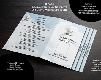 Clouds & Doves Funeral Program Template: 8-Page Graduated Fold Microsoft Word