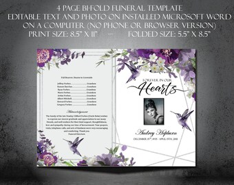 Funeral Program Template  | DIY Printable Memorial Program | Lavender Florals Hummingbird Silver Geometric | Forever in Our Hearts