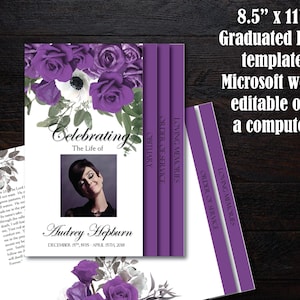 Funeral Program Template 8 pages | 8 Page Bi-Fold Graduated Funeral Program | Memorial Program Template |  Purple Roses
