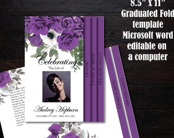 Funeral Program Template 8 pages | 8 Page Bi-Fold Graduated Funeral Program | Memorial Program Template |  Purple Roses