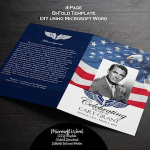 May include: A 4-page bi-fold template for a memorial service, featuring a photo of Cary Grant in a military uniform, an American flag, and an eagle. The template is designed to be used with Microsoft Word and includes editable text and photos. The text on the template reads "Celebrating the Life of Cary Grant, January 4, 1935 - March 1, 2019".